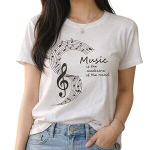 Music Shirt Womens S White Treble Clef Quote Music is the Medicine of Mind Tee